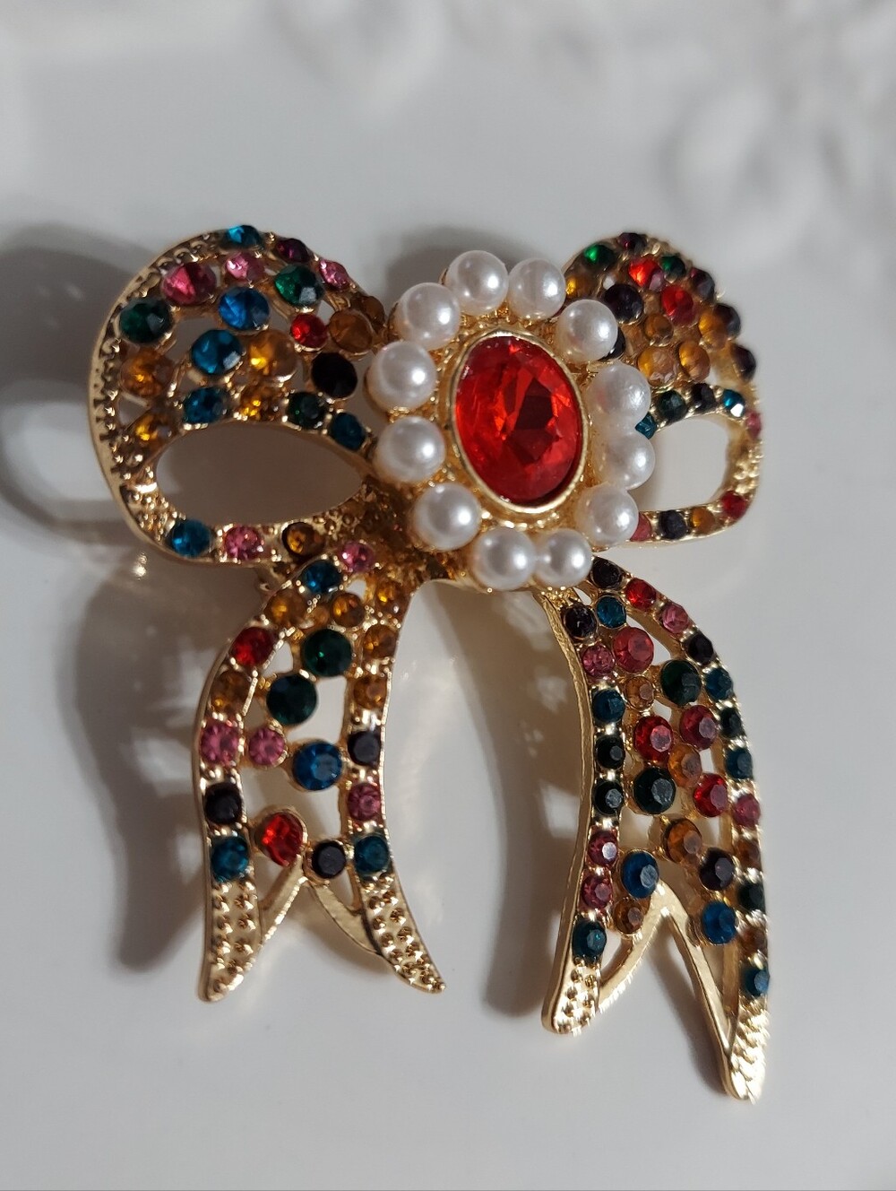 Textured Gold Tone/'Color Burst' Jewel Tone Faceted Cut Crystal Brooch/Pin